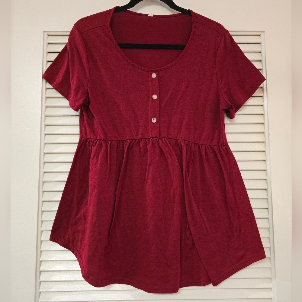 (Maternity) Babydoll Short-Sleeve Tunic Top With Button Detail